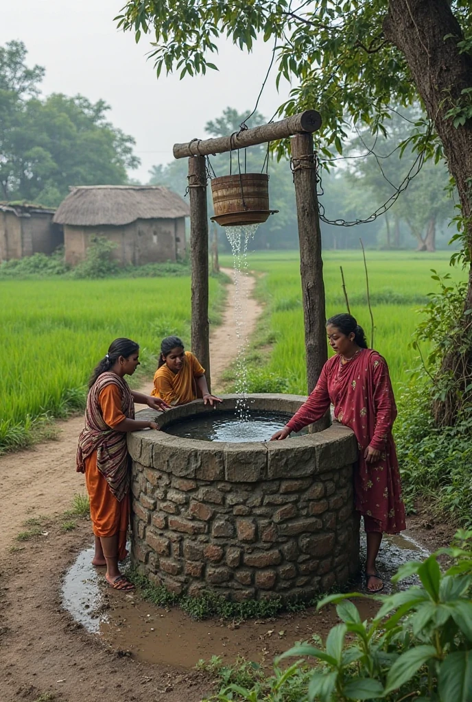 Three old women collected water from the well in the village