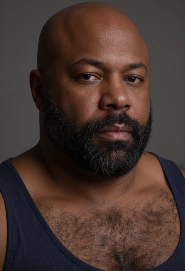 an extremely overweight, fat and very hairy black old naked man standing in a white room. He has a long penis. He is completely depicted from head to toe. He looks very unkempt. It looks very realistic.