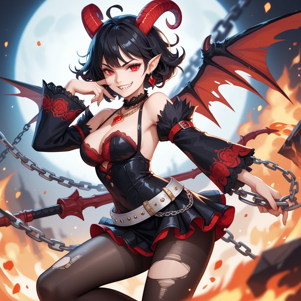 (devil princess style) (beautiful detailed Devil's Wings own back) (solo straight black hair long hair devil princess girl, beauty red eyes, make-up, Red lips, Captivating smile, big tits), (sexy devil suit), (hand holding a Flame Whip), break, (in the battle field), BREAK, perfect anatomy, masterpiece, best quality, 16k, beautiful detailed darkness, daydreaming expression.