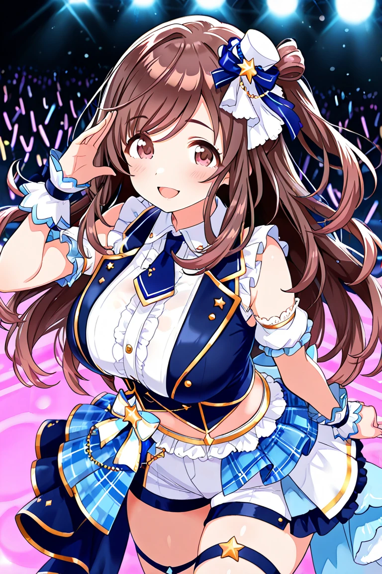 AMATSUKANATA, BROWN HAIR, BLUE SCRUNCHIE, HAIR SCRUNCHIE, HALF UPDO, LONG HAIR, PINK EYES,,, large breasts, live stage, solo,