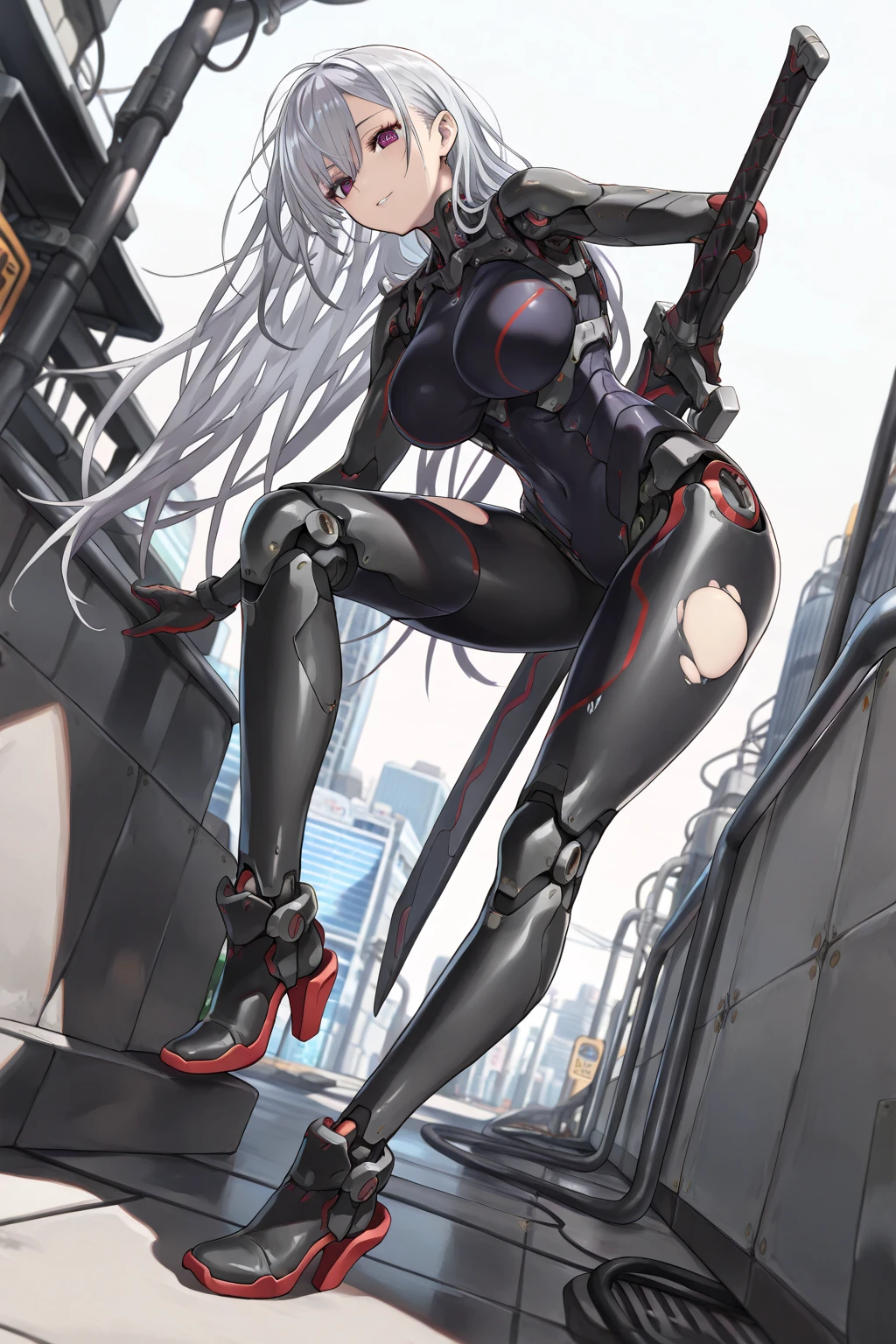 (Very good, professional, Surreal), Towering buildings rise from the ground,Form a magnificent landscape of the city of the future. in the center of Image, A huge and magnificent robot mecha girl stands tall. she is wearing a black bodysuit, The suit has red energy lines, silver hair, ponytail, red eyes,