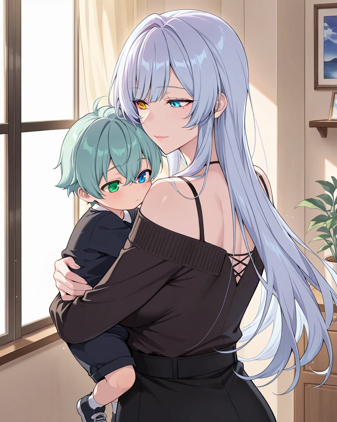 <lora:Sylpha:1> sylpha, long_hair, 1girl, blue_eyes, blue_hair, solo, blush, ponytail , large_breasts, maid_headdress, hug, 1 boy, 1shota, ahoge, between breasts, score_9, score_8_up, score_7_up, , anime coloring ,BREAK source_anime, anime