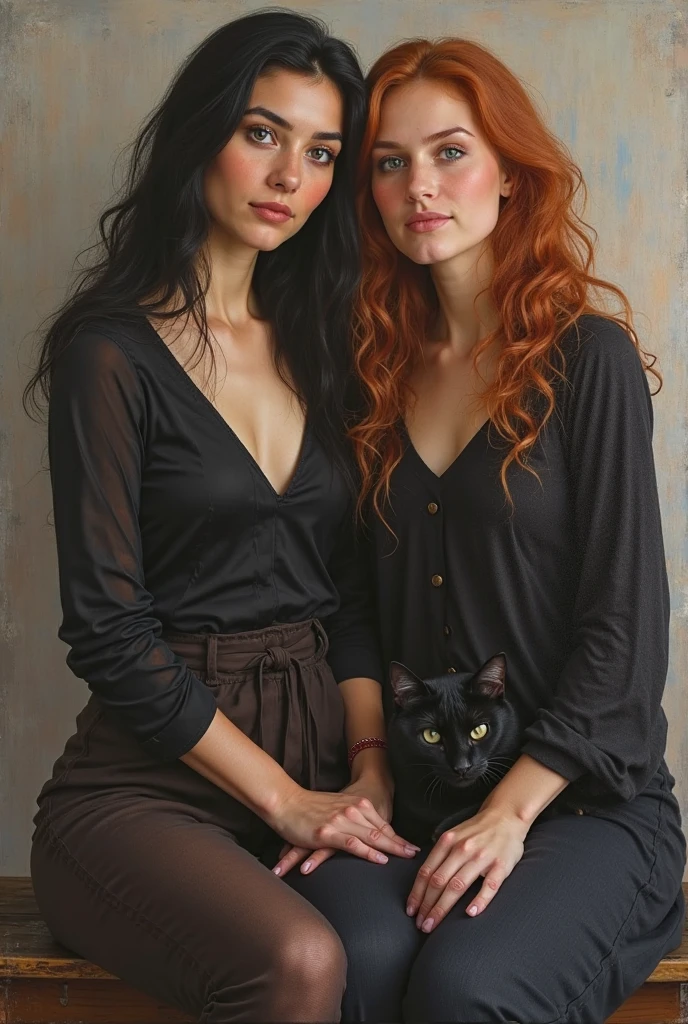 A woman with red hair and a black cat