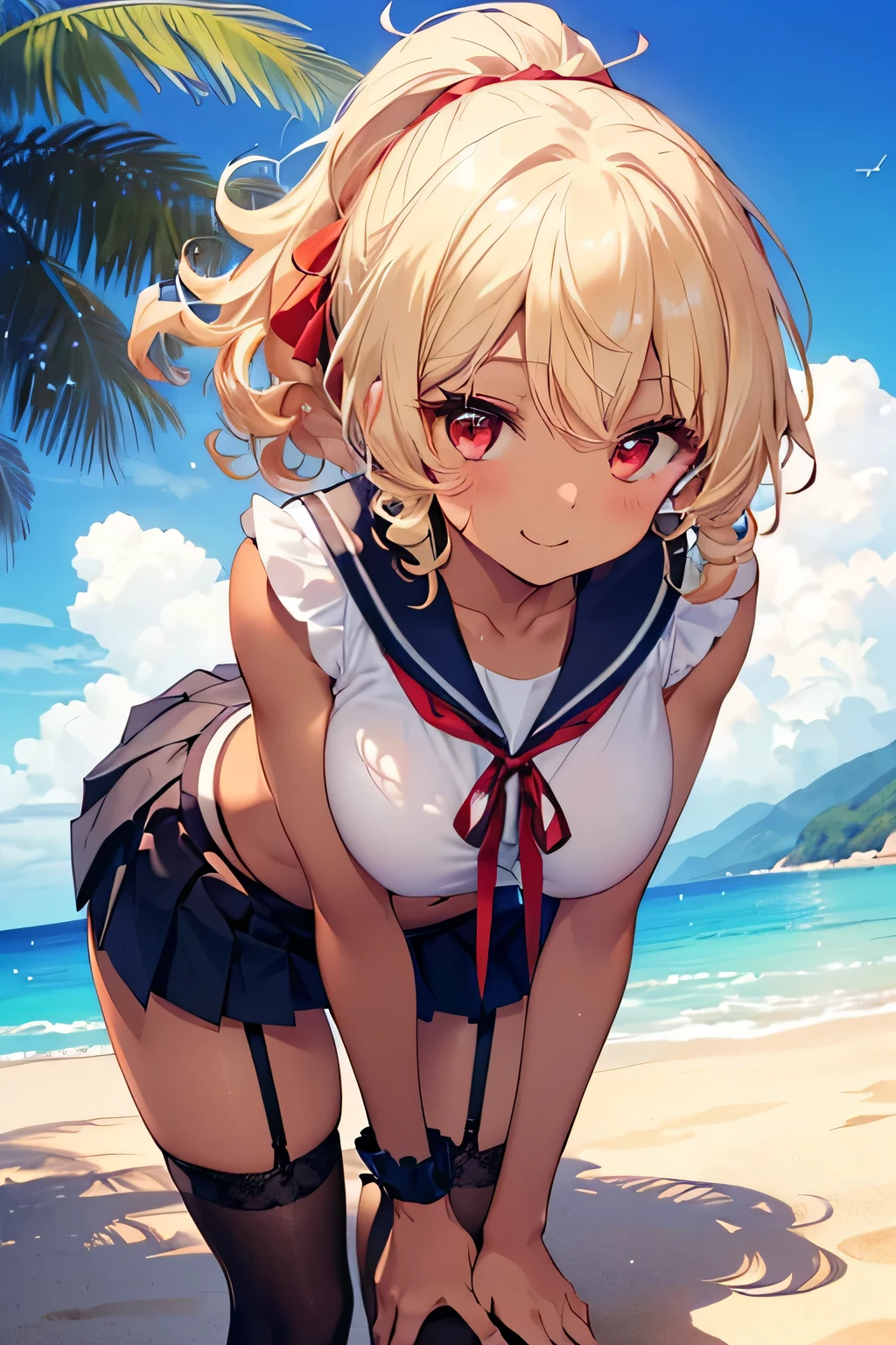 1girl,dark-skinned female,  blonde hair, blue eyes, short hair, wavy hair, hair ribbon, blue ribbon, midriff, potrait, outdoors, smirk,