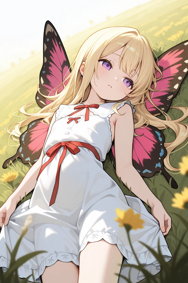 Showing the whole body, Yellow hair, Cute, Baby face, Big breasts, Sleeping, In the forest, White dress, Long hair, Sleeping, 1 person, Small, Fairy wings