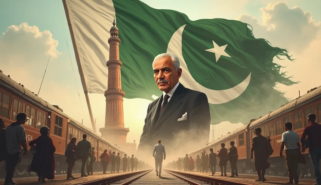 Create a picture of Muhammad Ali Jinnah 77 Independent Day with minar e Pakistan and Add a Pakistani flag in the background