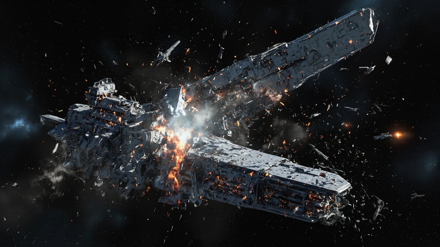 A massive spacecraft is burning and exploding in space, with black smoke filling the entire scene. The background features dark clouds filled with flames, creating an epic sci-fi atmosphere. In close-up shots, it showcases high-definition details of various debris floating around the ship. Captured by a Sony camera with a wide-angle lens, the photograph presents stunning visual effects. It was created using Cinema 4D software, resulting in an ultra-high-resolution image.