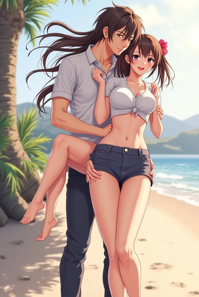 2girls, bikini, paizuri, 1boy, , pubic hair, , penis between the breasts, large breasts, breasts squeeze together, navel, , beach, palm tree, , beautiful breasts, big sister, sweat, pubic hair, titjob, sexy face, from side, large penis , testicles, perpendicularPaizuri, curvy body, short pants pulled, hot pants