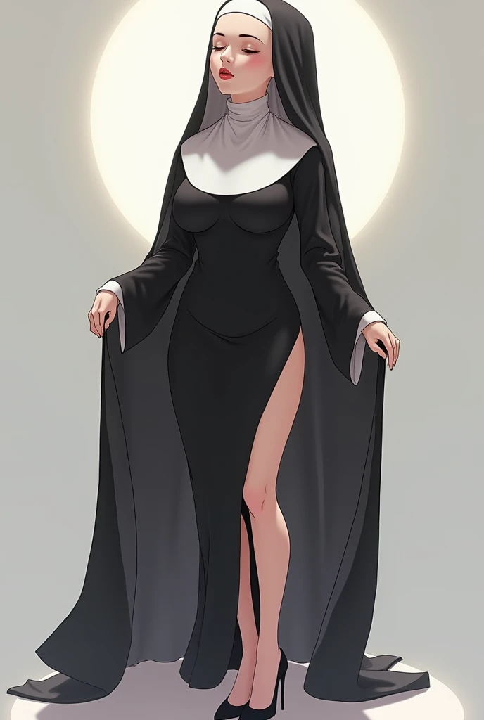 Best quality, masterpiece, high resolution, ultra-realistic 8k CG, beautiful girl with gray hair, blue eyes, open mouth, puffy, plump body, nun bandana, (tunic|nun dress), fleshy thighs, (full body white pantyhose), high heels, (full body), looking at the audience, symmetrical, charming, complex, sexy, elegant, hands interlocked, hair accessories, necklaces, cleavage, Tyndall effect, realistic, dark studio, edge lighting, two-tone lighting, (High Detail skin: 1.2), 8K UHD, DSLR, Soft Light, High Quality, Volumetric Light, Voyeur, Photo, High Resolution, 4K, 8K, Background Blur,