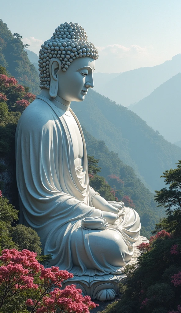 Above the blue sky and white clouds is the half-body stone Buddha,Below is a stone staircase leading to heaven, inspired by Chen Jiru, inspired by Tawaraya Sōtatsu, inspired by Ma Quan, inspired by Kaigetsudō Anchi, God Lisa Hannigan, Inspired by Yang Buzhi, Jaya Sulberg, inspired by Kaigetsudō Ando,8K quality,Master handwriting,hyper HD