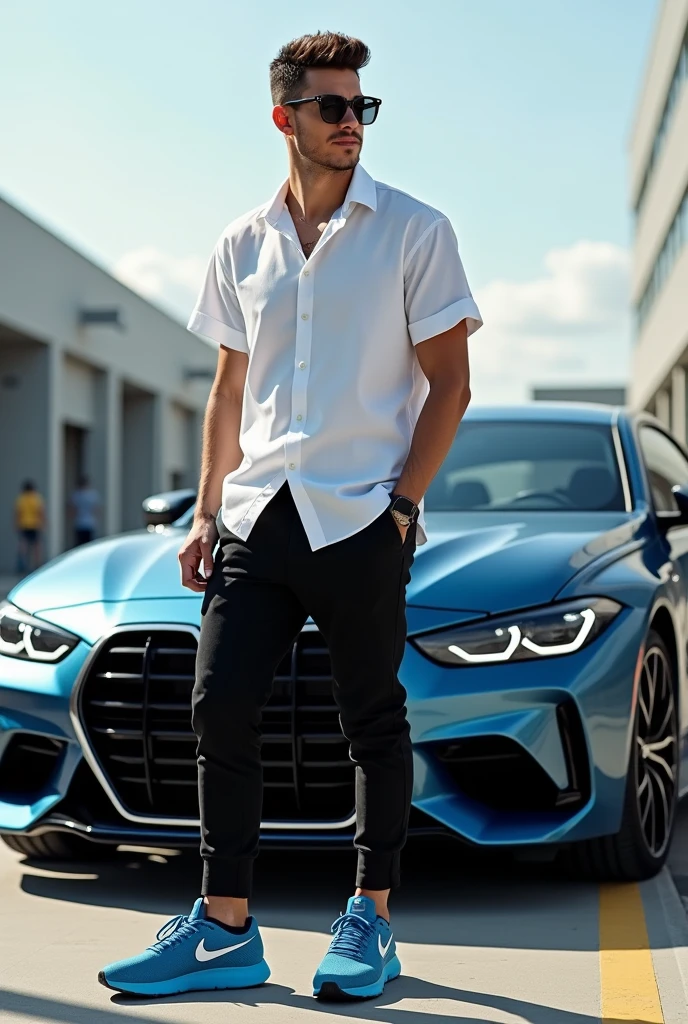 A man with a white shirt and pant stood infront of a black benzz