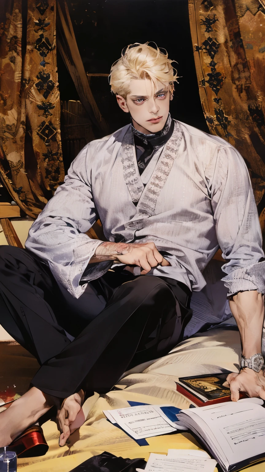 a young man in the story series, "Jujutsu kaisen" named "itadori yuji" with a tattooed face, brown eyes, with red, light hair, sitting on a chair, and a white kimono shirt, with a realistic effect.