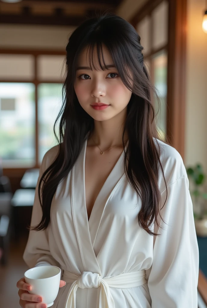 ((masterpiece、highest quality、genuine、Super detailed、High resolution、realistic、sharp focus、Live shooting、cinematic lighting))、Portrait of beautiful woman、high contrast、bust shot、focus from the chest up、put on makeup、blush、embarrassing、bright smile、black eye、Natural textures、loose black hair、rich colors、Fine skin texture、A simply dressed、detailed fabric texture、detailed hand drawing、Inside a Japanese izakaya、view audience