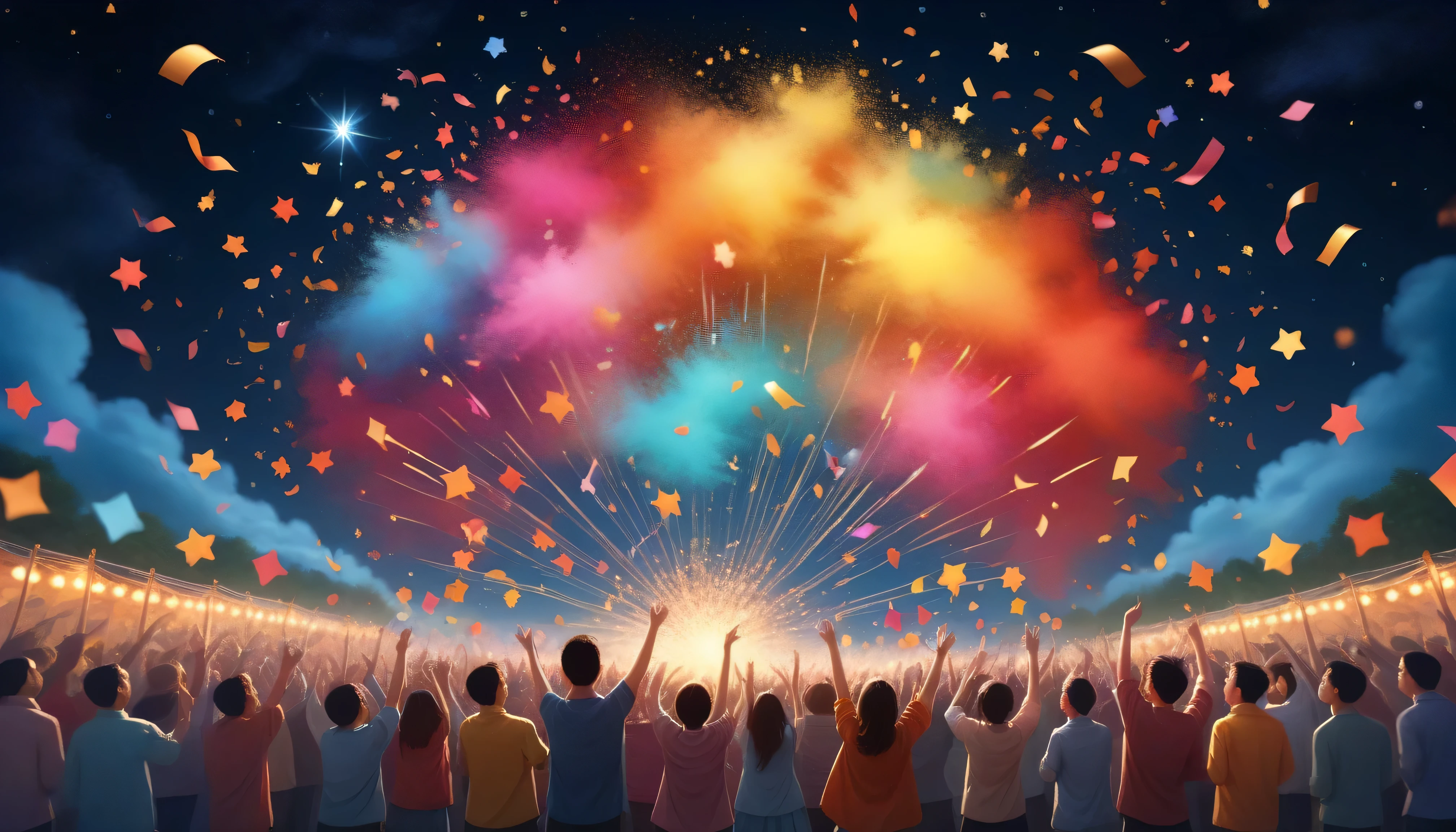 充满活力的五Colored paper屑, Float in the air, Night sky background, Joyful and colorful dance, Fiery Confetti, Festival Under the Sky, Festive mood, 五Colored paper屑犹如彩虹瀑布, shines on a dark canvas at night, Express endless joy with brilliant colors, Spectacles of Color, Spinning Stars x} Paper that glitters in the moonlight, (best quality,4K, 8,000,high resolution, masterpiece:1.2), super detailed, (realistic, photorealistic, photo-realistic:1.37), Festive Celebration, Starlight Festival, 热闹的五Colored paper屑风暴, Festive Night Sky, Dynamic Movement, Festival Spiral, colorful , Bright Spots on Paper, Fiery Confetti, Midnight Celebration, (Flash Effect:1.1), (Colored paper, Glossy Paper ), (ethereal glow:1.1), ( bright colors :1.1), Magical Night Event
