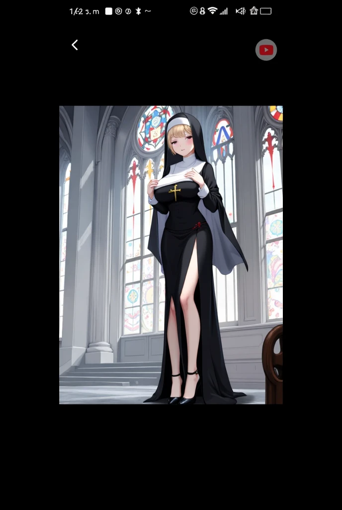 (solo 1 praying nun:1.3) standing in church, praying with holding hands together over chest, very thin, (black sheer long dress:1.5), (gigantic breasts:1.3), (bursting breasts:1.2), (black sheer long skirt:1.4), inconceivably thin waist, closing eyes, nose blush, open mouth, (heavy breathing:1.2), stained glass, full body, 8k, ultra-detailed, masterpiece