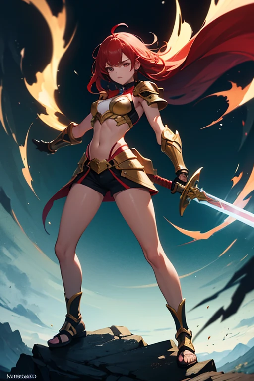 A svelte elven archer, her skin radiant like polished amber, striking a victorious pose atop a volcano’s precipice, 8k, high resolution. Her jade-green eyes flash with triumphant fire as her flaming arrow arcs through the ash-filled sky. Her long, fiery auburn hair whips around her in the molten breeze. Detailed gold and ruby armor, aglow in the lava’s reflection. The smoky, sulfuric atmosphere and eruptions in the backdrop, her defiant figure illuminated by the pulsing glow of molten rock. cape, armored.