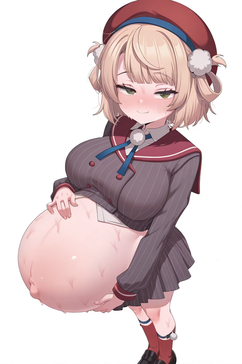 (masterpiece, best quality), 1girls, big belly, blurry background, huge belly, art by kipteitei, round belly, chubby, curvy, white button-up shirt, skirt, thighhighs, simple_background, gradient_background, belly bursting out of shirt, belly grab, enormous belly, fat belly, thicc, bigger belly, sitting on chair, really big belly, jiggly belly, shirt covering belly, belly cover by shirt, glasses