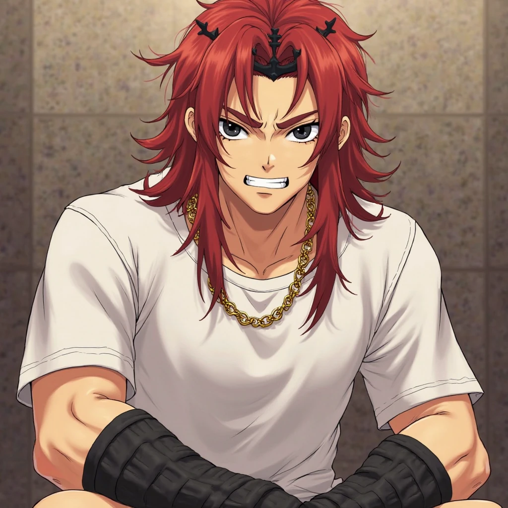 Red haired anime boy sitting on floor with legs crossed, Anime Boy, anime style character, garments:Black tank top, Boy in shorts, In anime style, anime styled」, Anime style, Muscular men, Knight of Zodiac Boy, With red hair, In an anime style, masculine and muscular