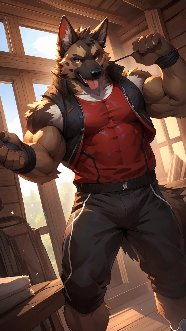 ((anime)), by Garmash,Ruan Jia, anthro, male, (((detailed fluffy fur))), ((standing)), detailed realistic painting, (((biceped))), (((shaded))) extreme detail, ((minotaur)), green pants, red leather vest, brown body, light particles