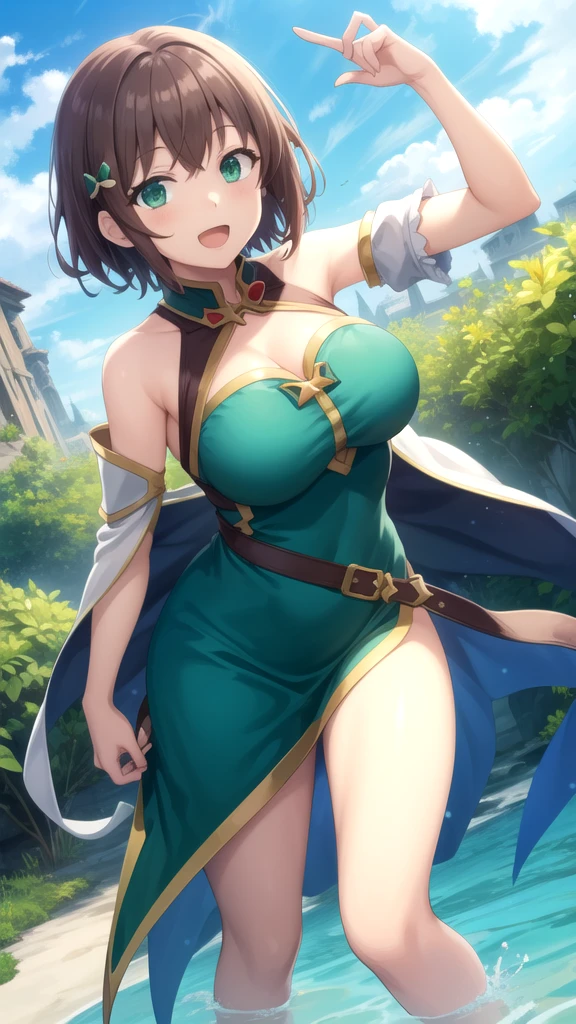 (Best Quality, 8k, Masterpiece :1.3), handsome young milf with perfect figure and long hair :1.4, Zhong Li, Zhongli, Dark brown hair, inflated chest, genshin impact, on ruins, in the hands of a spear, Very detailed face and skin, Detailed eyes, Double eyelid