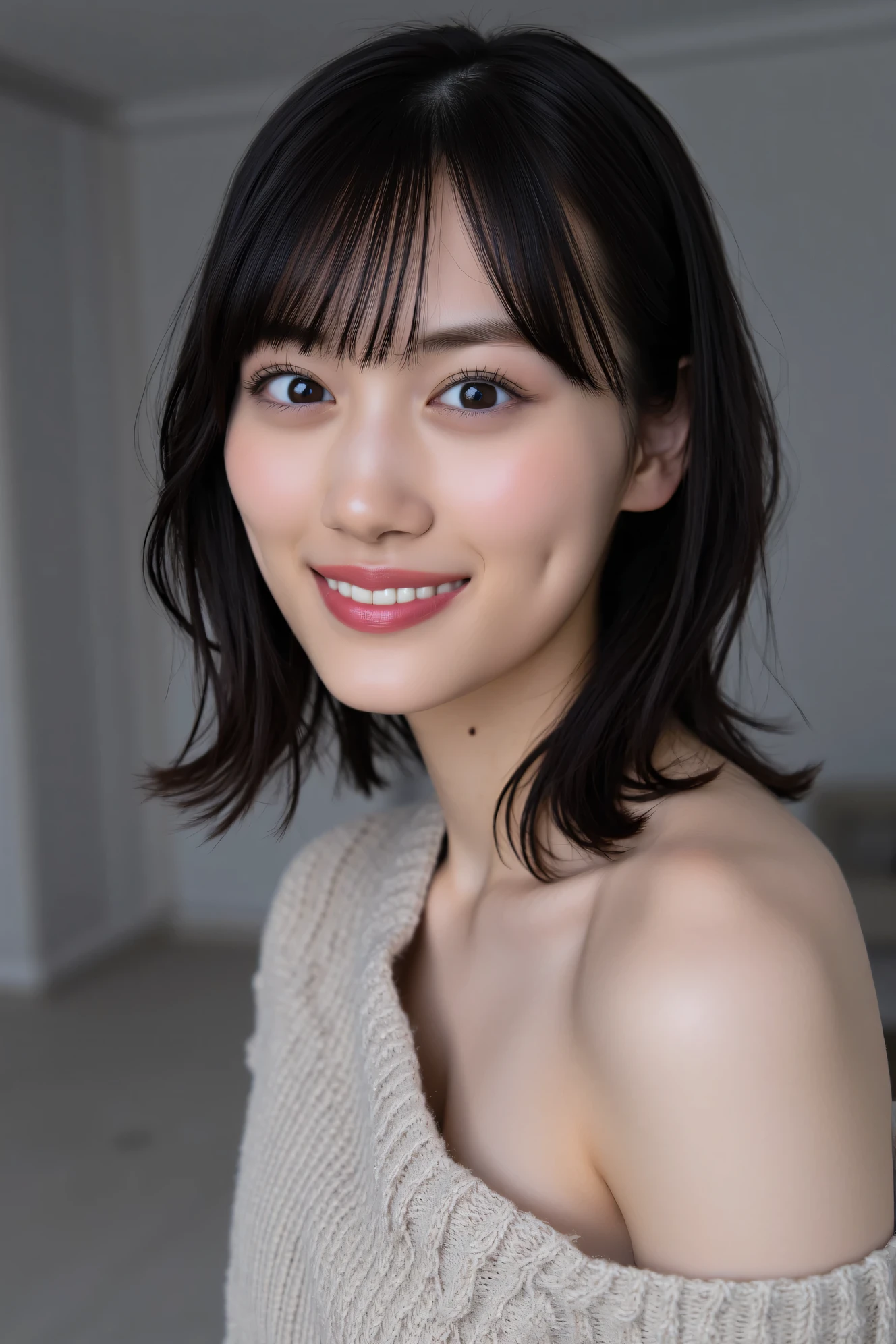 ((( High Resolution , top quality, very well detailed, masterpiece , highly detailed photos , realistic , Real people , Ultra precise skin ))) , , ( from the side ) , upper body , Advance Shot , ( giggle face ) , { wearing the sweater that is backless outfit } , black hair , medium hair , medium breasts , focus on the face and chest , (( tuck hair behind the ear : 1.8)) , { nsfw } , In the gloomy room