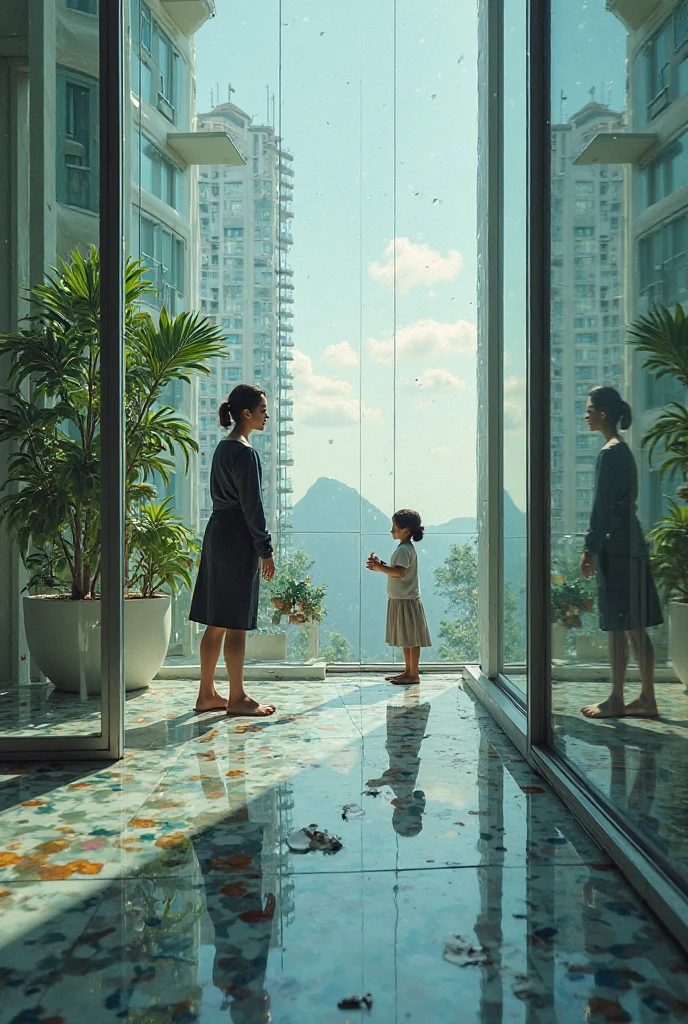 Floor-to-ceiling windows in the living room on the 180th floor of the Shanghai Tower door,Two little girls in openwork translucent stockings holding toys,Pout,Pink double-tailed hair and cyan eyes,Anime little girl in servant costume