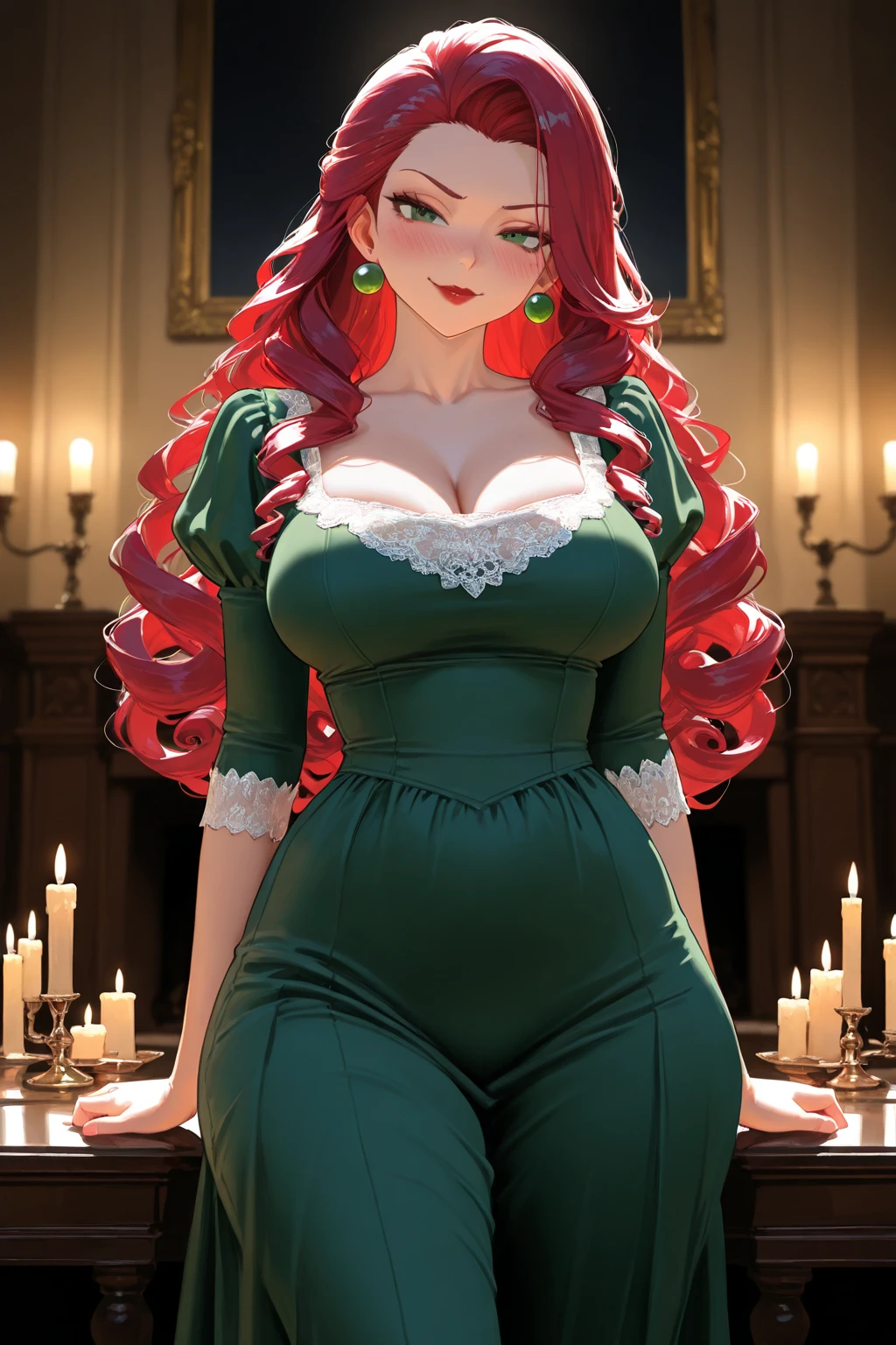 Complete artwork masterpiece, full-body image, high quality, ultra detailed in 4k, 8k, hyper-detailed, realistic skin texture, amazing shadows, highly detailed background, extremely detailed texture. A elegant gothic dress, princess ((Red wavy hair)), (perfect body), ((light green eyes)), ((perfect detailed face)), ((perfect detail full red lips)), ((medium breast) at a Classic Castle