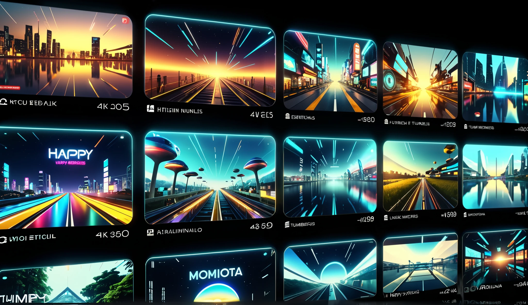 front view,slides in the dark with a transparent、Futuristic十足的界面。thumbnails and tags,of various memories can clearly see “happy memories”、Tags such as “Nostalgic Experience”,English,Realism,Futuristic,4K,Movie Level,