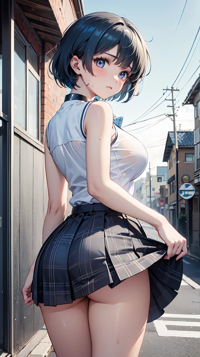 BREAK looking at viewer, BREAK (masterpiece:1.2), best quality, high resolution, unity 8k wallpaper, (illustration:0.8), (beautiful detailed eyes:1.6), extremely detailed face, perfect lighting, extremely detailed CG, (perfect hands, perfect anatomy),city,street,buildings,wet road,soft light,night,rei ayanami, blue hair, short hair, (red eyes:1.5),
blue dress, dress, neck ribbon, pinafore dress, red ribbon, ribbon, school uniform, short sleeves, short-sleeved sweater, sweater,wet uniform,nipples see through,upskirt,showing panties,camel toe,from behind,ass view,