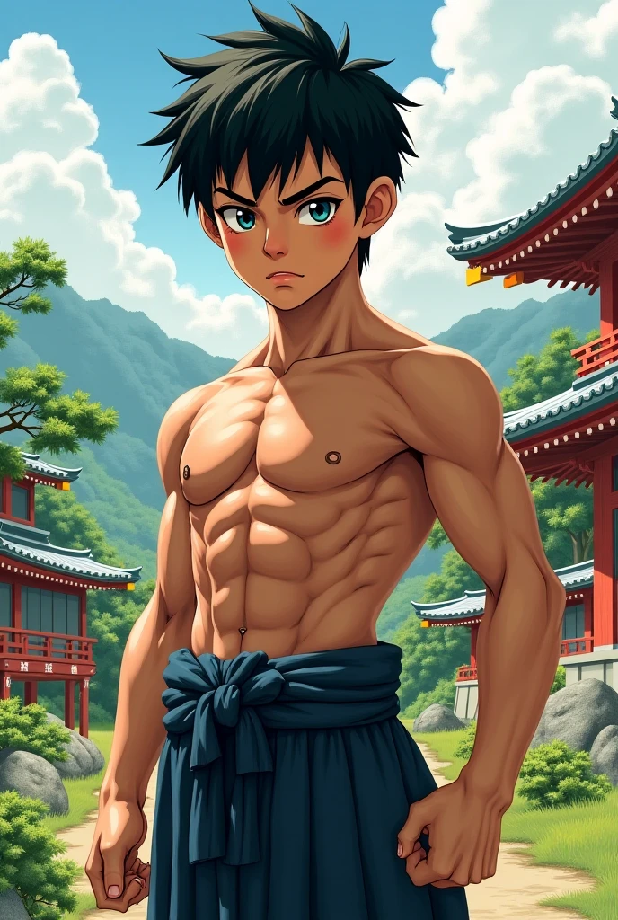 korean teen anime boy, , with super long silky hair, cute, beautiful, toned body, nice abs, slender, shirtless, eastern medieval era, in martial arts school, has superhuman strength, throws a fist on a boulder and cracked it's surface.