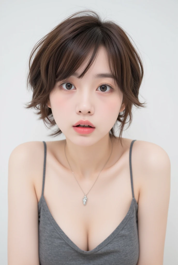 1girl, 25years old woman, (perfectly detailed face), (((Tank tops))), Small breasts, medium breasts, large breasts, cute face, beautiful face, ((looking at viewer)), Simple Background, ((white background)), ((white wallpaper)), White skin, (bright lighting:1.2), perfect lighting, armpits, Show one armpit, Smooth and beautiful armpits, smile, photorealistic, (bokeh), UHD, anatomically correct, highres, masterpiece