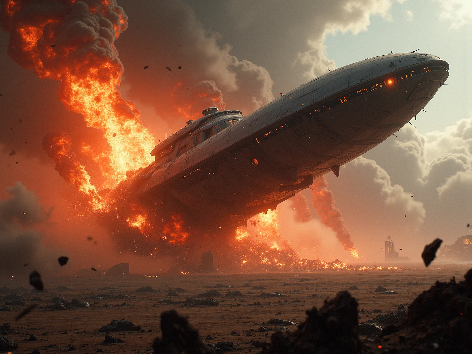 "A massive futuristic spaceship crashes into a barren, alien wasteland, engulfed in apocalyptic chaos. Jagged metallic debris scatters across the desolate terrain, glowing red-hot from the impact. Towering flames and shockwave explosions light up the dark sky, sending sparks and smoke billowing into the void. The ship's shattered hull, with exposed circuits and pulsating energy cores, crackles with electric surges. In the distance, remnants of a once-thriving space colony crumble under the force of the disaster. The scene is a dynamic blend of destruction and raw power, where technology meets catastrophe in an awe-inspiring cinematic moment."

This prompt emphasises action, destruction, and futuristic details while keeping a cinematic, high-stakes feel—exactly what judges look for in competitions like this.
