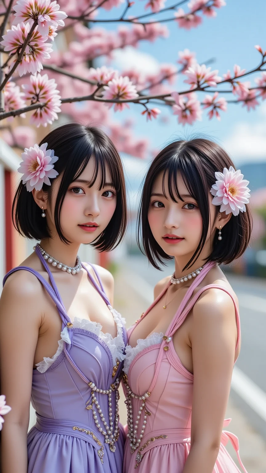 (Gal), (Blunt bangs:1.2),Two-tone hair, short-hair ((Pink hair)), Round face, Red Eyes, (drooping eyes), (((tareme))),lip,Piercing,Necklace,(Cute) Beautiful, Two girls, evening,Sunlight,Backlighting,masutepiece,Best Quality,Exquisite,8K,absurderes,superfine illustration,(32K、masterpiece, ultra-detailliert、top-quality、masterpiece、reallistic、フォトreallistic、portlate)、twogirls、Delicate and beautiful、((All nude、Always wear panties))((glistning skin、The body of a gritty))(battle field、campsite、正面)、ultra gigantic tits!!enchanting posture, enticing, Beautiful face, pale skin, Shiny skin,(sexual pose:1.5),