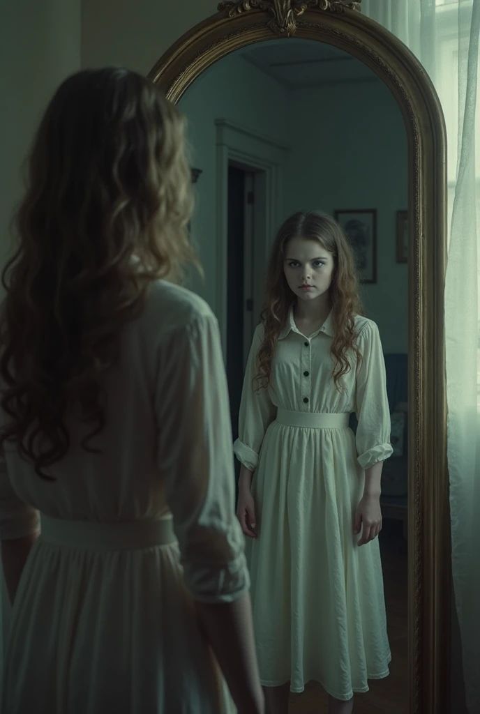 A chilling scene where the young woman is looking at her reflection in ...