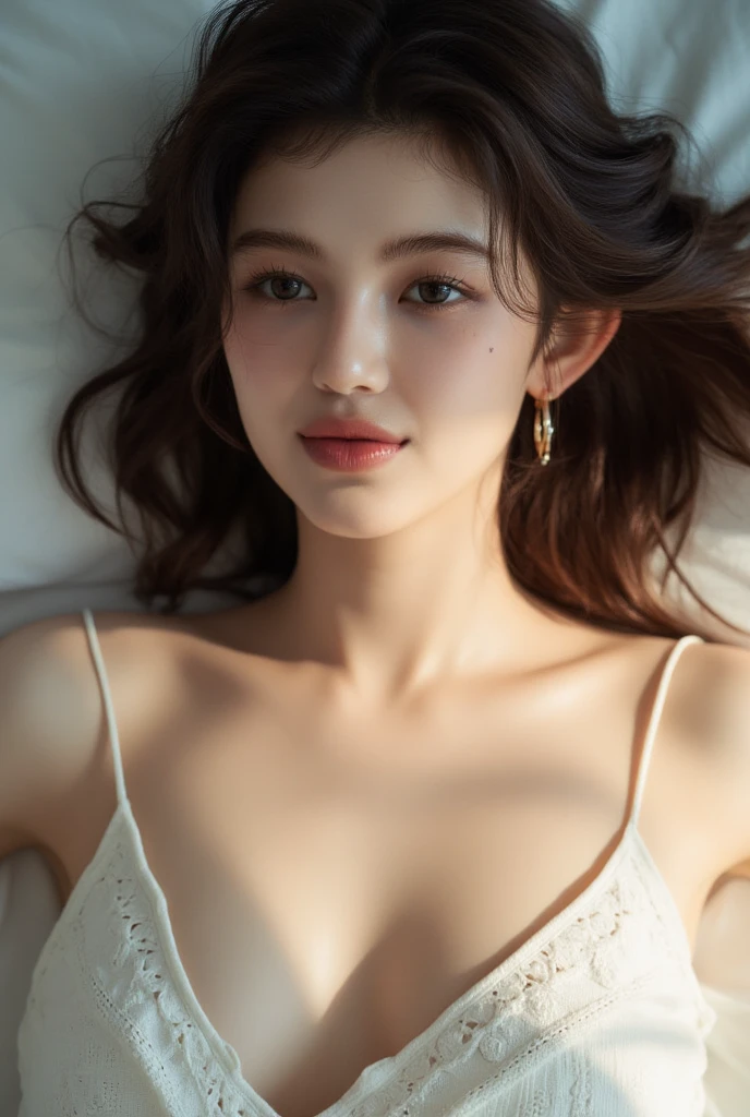 Realistic image of an angel with wings, beautiful female bodies、Classic painting、Full nudity、No bra、No panties、Exposed shoulders、Expose belly、Exposing thighs、Sleeping on a bed、open one's legs、smil、