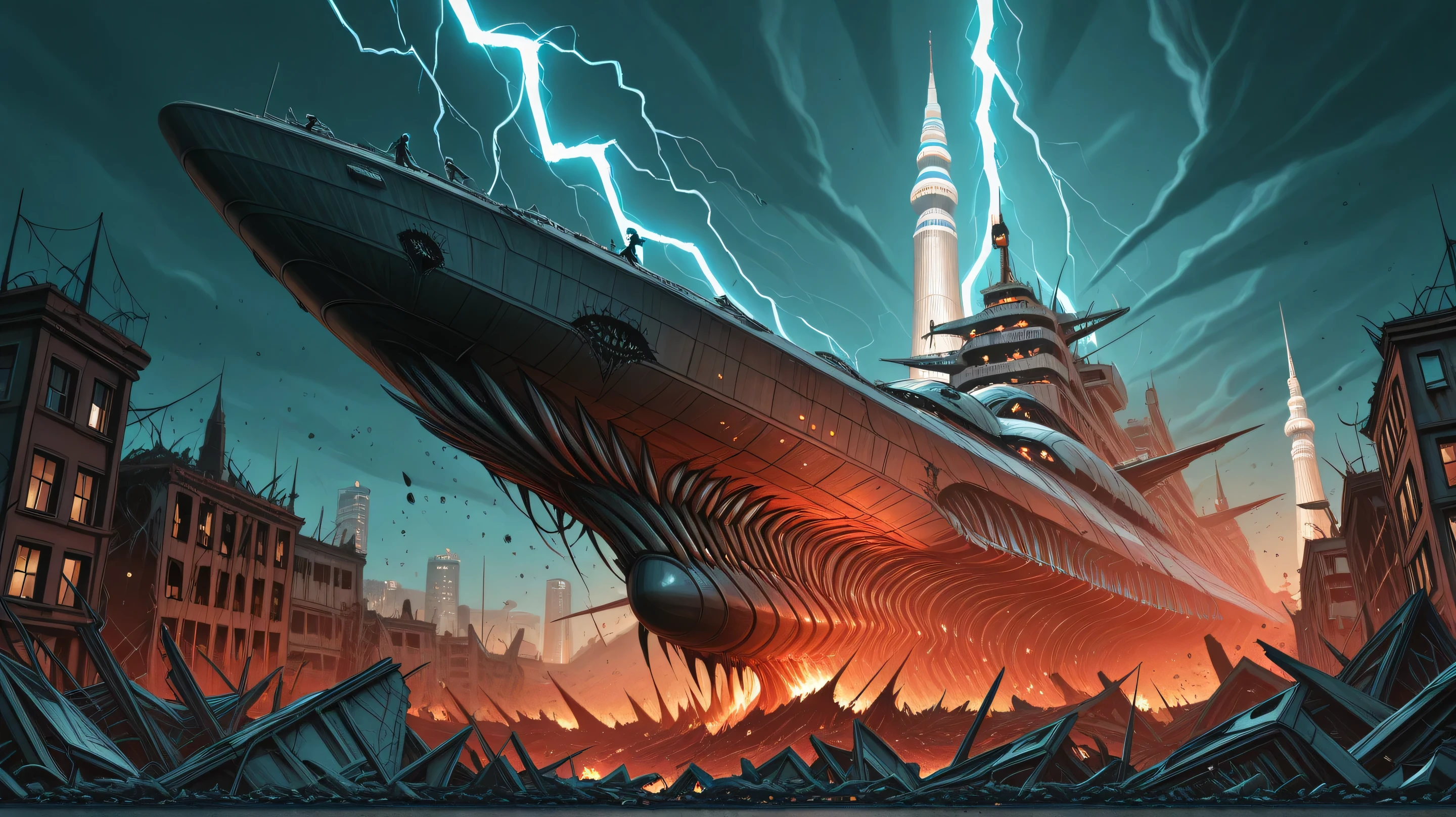 "An apocalyptic and surreal scene of the wreckage of a gigantic alien spacecraft, shattered and embedded in the smoldering ruins of the Twin Towers. The ship has an organic and biomechanical design, with corroded metallic surfaces and faint lights flickering. The towers are partially collapsed, with debris and flames erupting from the buildings. The sky is dark and stormy, with lightning illuminating the scene. Tiny human figures run in panic among the rubble, while mysterious alien creatures emerge from the ship. The atmosphere is terrifying, epic, and filled with surreal details, in a hyper-realistic and cinematic style, inspired by artists like H.R. Giger and Syd Mead."