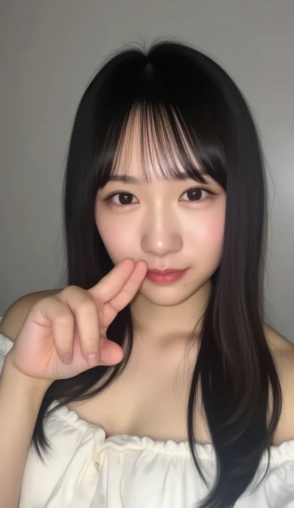 ,Short sleeved white shirt,Grey checked tie,Grey checked mini skirt,Navy blue socks,open mouth,tongue out,cum on tongue,standing,slouch,Selfie,looking ahead,from above,flont view,upper body,(1girl,Beautiful 14 year old girl),((Slender,Small breasts,Small face,)),looking at viewer,Black Hair,bangs,straight,Beautiful and detailed,Mischievous smile,Dimly lit room,Simple Background,Black background,Low lighting
