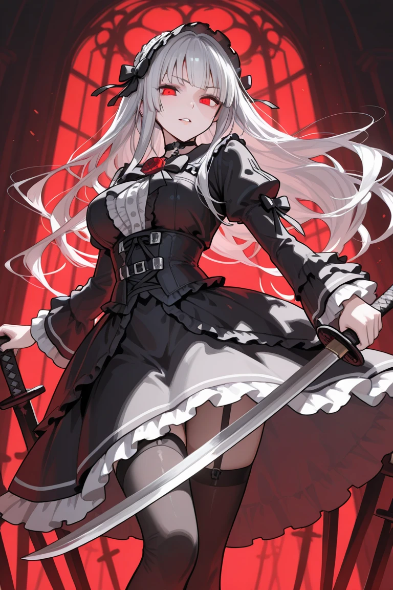 4k, masterpiece, High resolution, (big breasts)、curvy、((Black Thigh Socks))、((sacred place))、(standing in centre)、(sister)、(((blood born)))、(Giant cross)、((With a machete))、((Judas Iscariot))