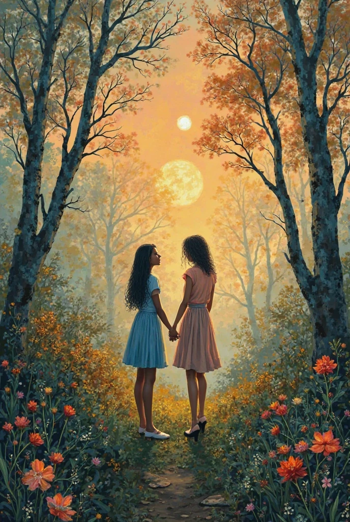 two sexy women in lace dresses celebrate and laugh, they carry flowers, we see them between four wooden posts, moon (art inspired by Bill Sienkiewicz, intricate details, oil painting)