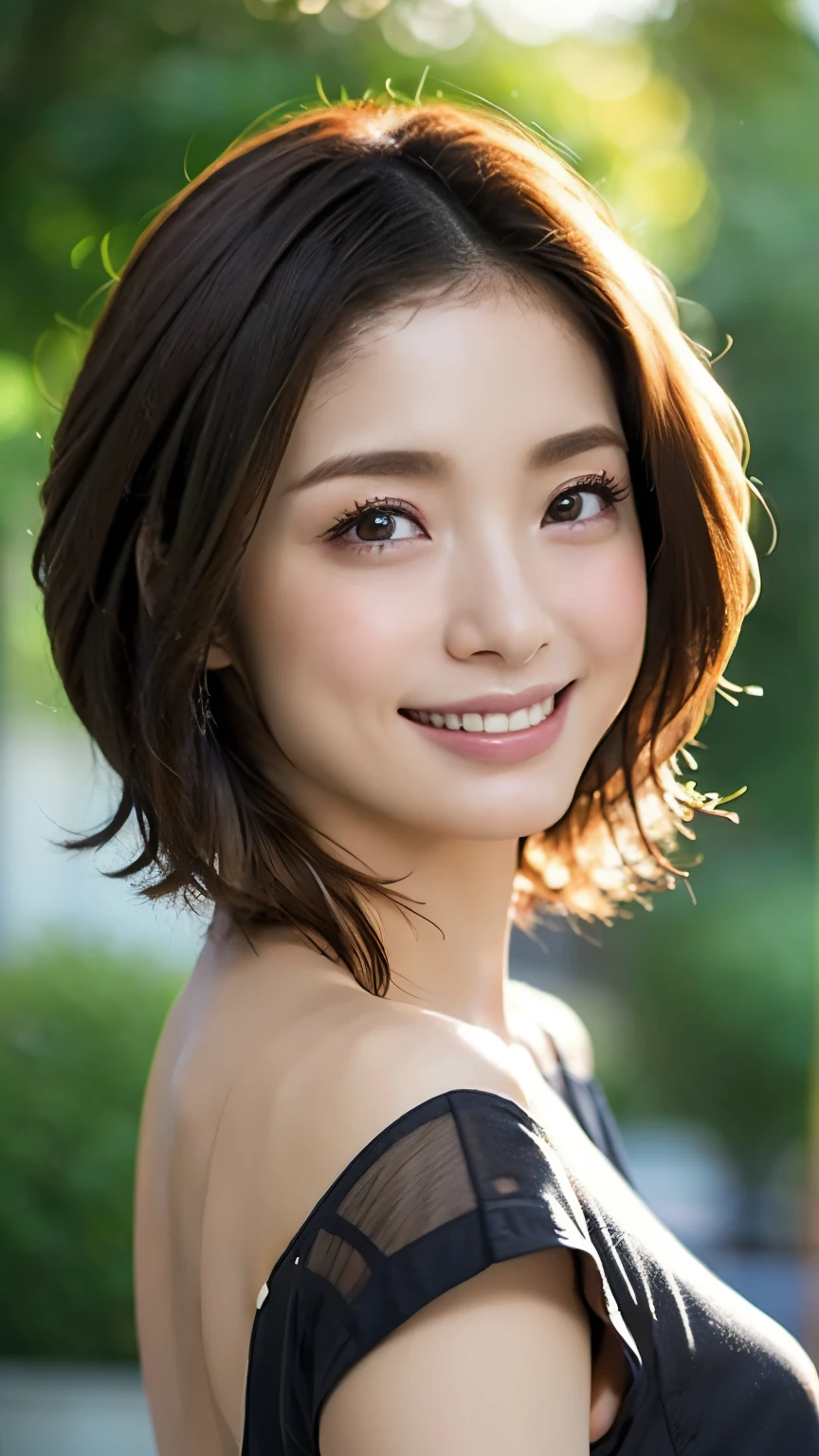 (masterpiece:1.2), (In 8K、super high resolution、Ultra High Definition、Ultra HD、超realisticな、best quality), (realistic - photo ), high-definition RAW color pictures, professional photo, Natural sunlight, Soft Shadows, (realistic:1.2), 30歳の women play 、1 person, women play 、1 personだけいる, women play 、I'm turning my back, women play 、is looking back, women play 、butt, (High Definition Face and Skin Textures, beautiful eyes, Shiny Skin, oily skin, Strong gloss), Big Eyes : 1.2, perfect anatomy, poster quality, volume lighting, charming face, (Makeup is、none), women play 、smiling, (stares at viewers), glares at viewers, Detailed Eyes, beautiful eyes, dark eyes, ( shining eyes), 黒色Eyelashes, long、Eyelashes, Detailed eyelashes, black hair, short hair, (very short hair), detailed hair, beautiful hair, anatomically accurate neck, natural short neck, Natural neck, (What is the exposure of the skin、none:1.2), tight waist, Big Hips, big hips, Clock-shaped body type, (Wide ass)