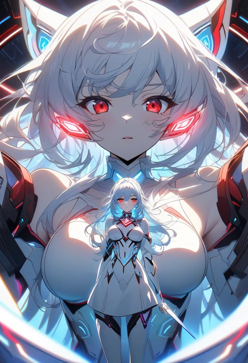 Masterpiece, High quality, High quality of art, anime lineart, 1girl,white hair, black eyes, white eyebrow, red eyeshadow, Tall, black cyber clothers, light gray cyber pants, big hips, big chest, very blush, white hearts in eyes, in future base, looking at viewer, smile, white skin, white hearts in eyes 