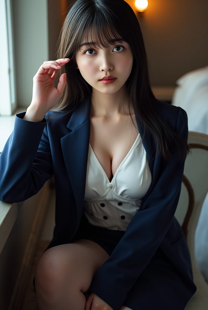 Japanese women、office lady、1, Anatomically correct, Perfect Anatomy, very cute, beautiful, (suit:1.2), ((Embarrassing:1.3)), blush、(office:1.1), (Highest quality:1.3)、Best lighting、High resolution、(8k, High resolution:1.2), (photograph, Realistic:1.2)、The face is in focus、(Concentrated, Symmetrical pupils:1.2)、beautiful肌、Natural Makeup、Gloss lips, High-definition hair texture, (View your viewers:1.2), (Half Up:1.3), (Multiple Angles:1.2), (Small breasts, Cleavage:1.1), (Place your hand on your chest), Thin legs