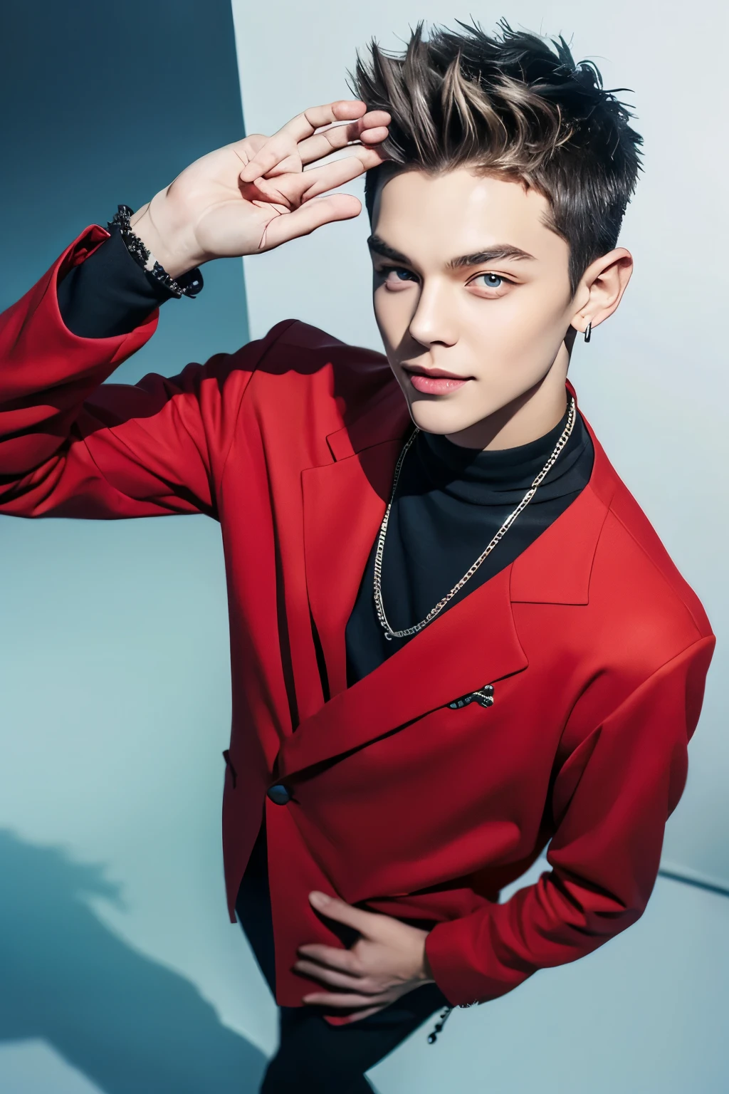  smooth skin((赤と黄二色のspiked hair))A large, slender hanging eye((Big red eyes with strong angled hangings))Male with short spiked hair is a 23 year old top model、luxurious red gemstone necklace、 gorgeous earrings、luxury yellow gemstone bangle、 angle above the knee 、 look at viewer、model figure、from above、Smile like a male idol（fantasy male costume）model pose((Show the viewer the precise five fingers and palm)) raises one hand up 、 salute pose