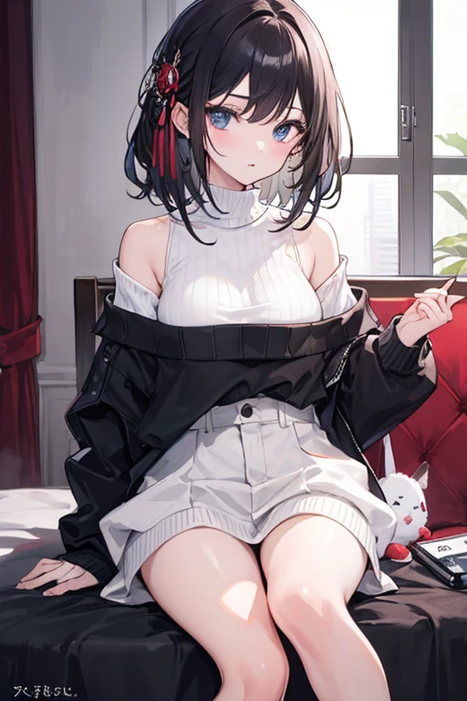 wariza，child，（​masterpiece，Highest Quality），Border pattern，Boa Fleece Loungewear，shortpants，Sleepy face，Round eyes，A dark-haired，Semi-long bob，bare-legged，in a house