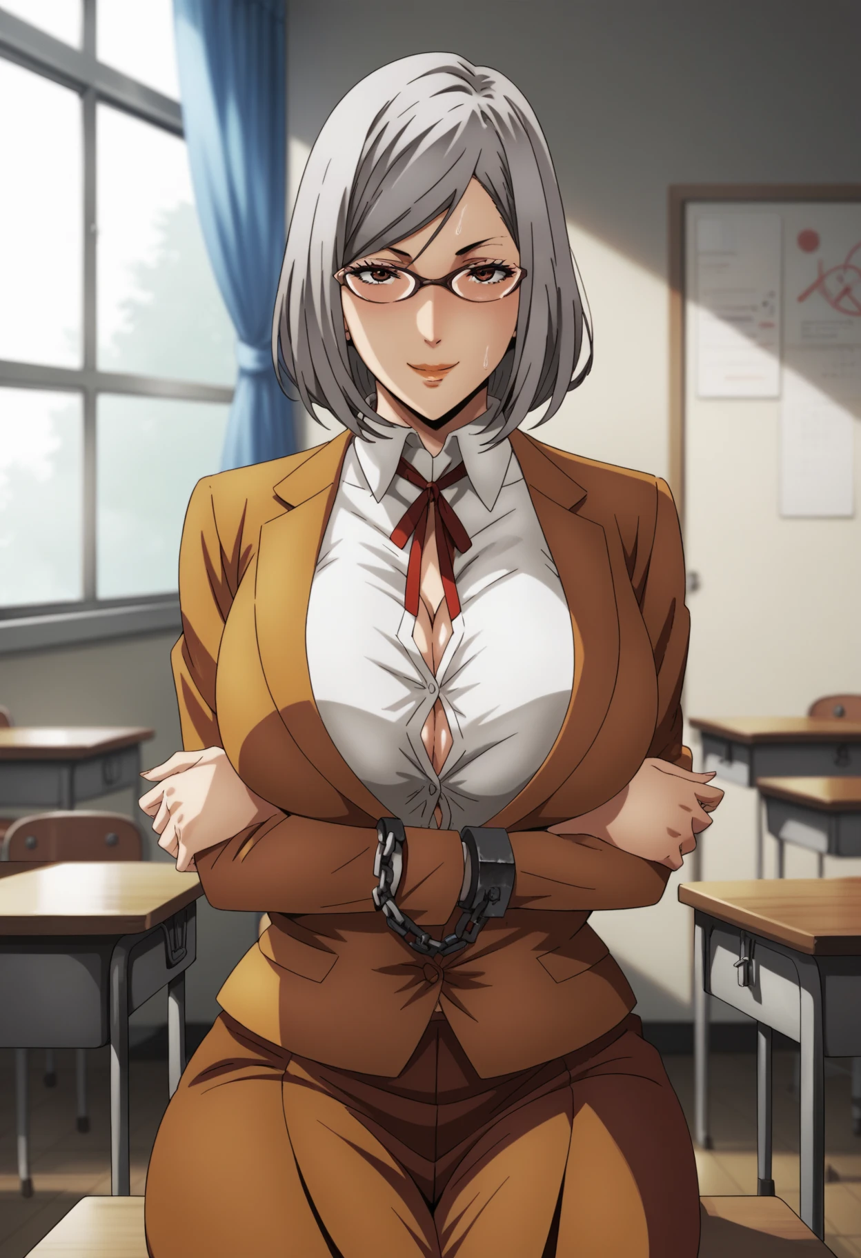 meikoshiraki, <lora:meiko shiraki s1-lora-nochekaiser:1>,
meiko shiraki, grey hair, glasses, hair bun, single hair bun, (brown eyes:1.5),
BREAK skirt, shirt, thighhighs, cleavage, school uniform, open clothes, choker, black thighhighs, zettai ryouiki, open shirt, no bra, light brown blazer,
BREAK indoors, classroom, school,
BREAK looking at viewer, (cowboy shot:1.5),
BREAK <lyco:GoodHands-beta2:1>, (masterpiece:1.2), best quality, high resolution, unity 8k wallpaper, (illustration:0.8), (beautiful detailed eyes:1.6), extremely detailed face, perfect lighting, extremely detailed CG, (perfect hands, perfect anatomy),