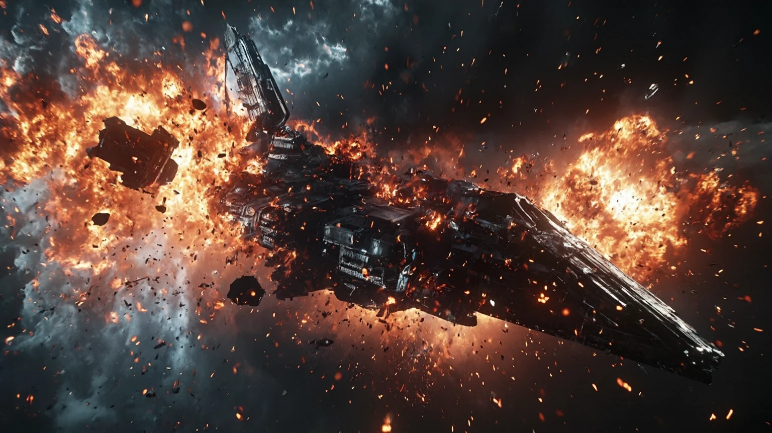 A massive spacecraft is burning and exploding in space, with black smoke filling the entire scene. The background features dark clouds filled with flames, creating an epic sci-fi atmosphere. In close-up shots, it showcases high-definition details of various debris floating around the ship. Captured by a Sony camera with a wide-angle lens, the photograph presents stunning visual effects. It was created using Cinema 4D software, resulting in an ultra-high-resolution image.