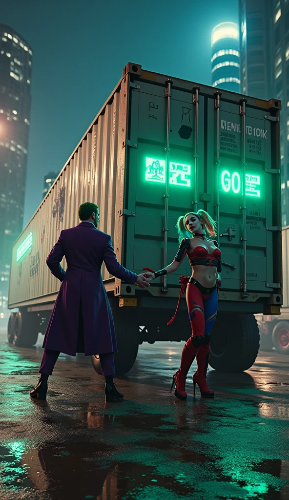 Harley quinn with joker dark aesthetic background at night in road in anime version she is holding a baseball bat in her hand ... She is wearing hot clothes ... She is on badass pose like a villain