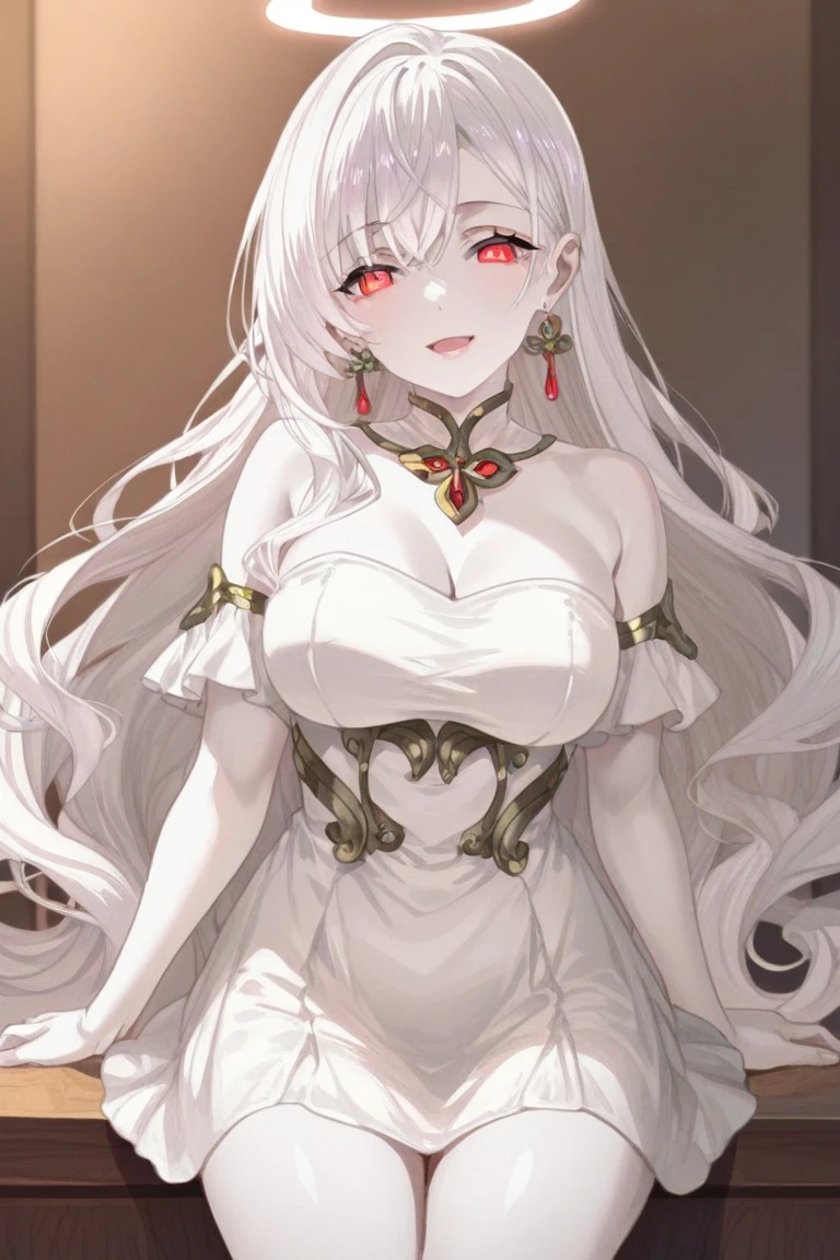 Young woman, Shiny white hair, red eyes, long hair, ใบหน้าbeautiful, luxary princess dress, Medium bust, beautiful, collarbone, open chest, Bright face,  Royal high, party background, ((Highest quality, Best Performance, Maximum details, Light and shadow details:1.2, 4k details))