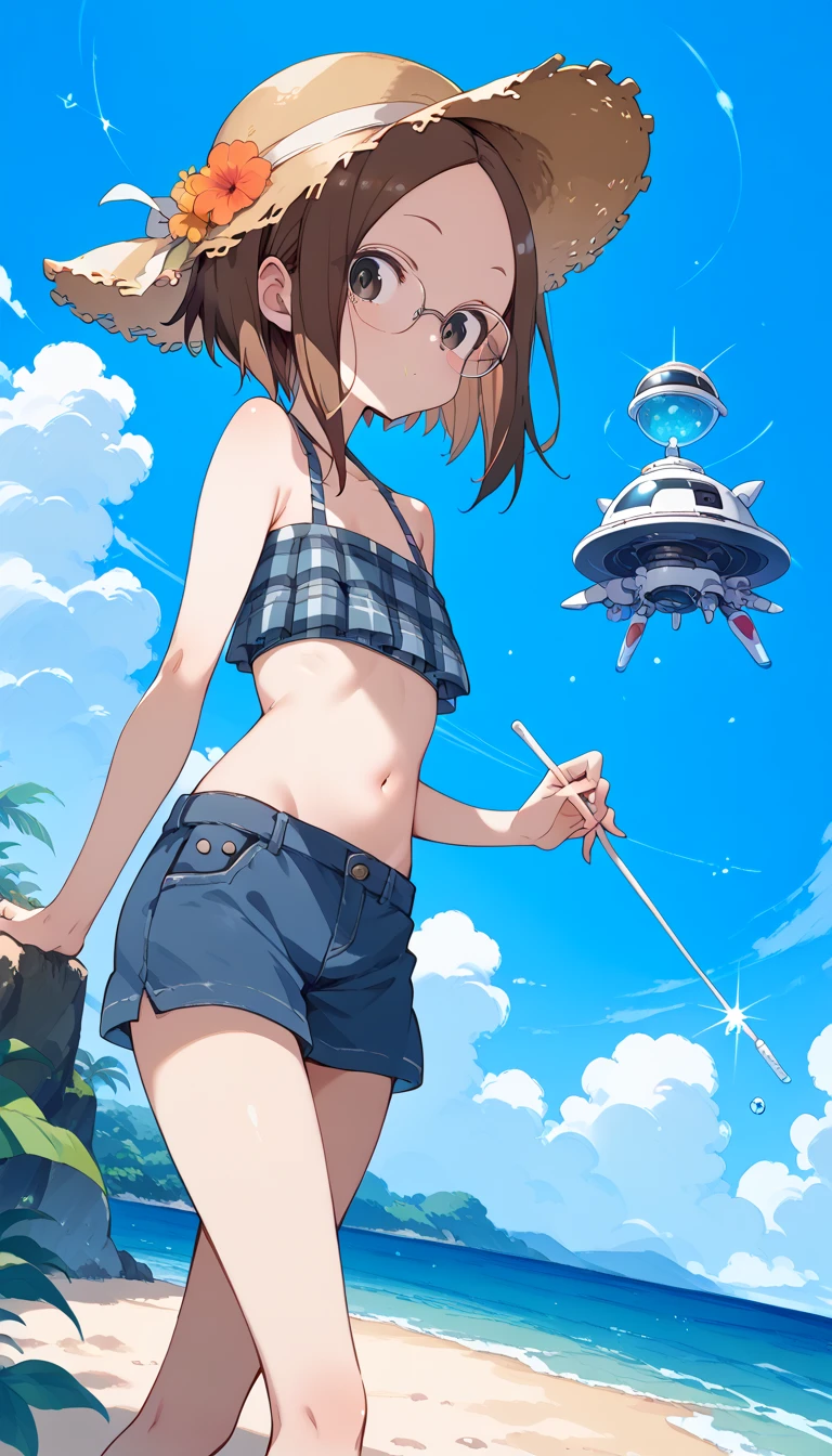 ((masterpiece))、1 girl、(brown hair、short hair、Genki girl)、sunflower hair ornament、(big breasts)、brown eyes、In the mountains、playing in the river、18 year old beautiful girl、Composition seen from behind、butt、buttを広げてアナルを見せている、embarrassed look、blush、The wrinkles of the anus are clearly visible.