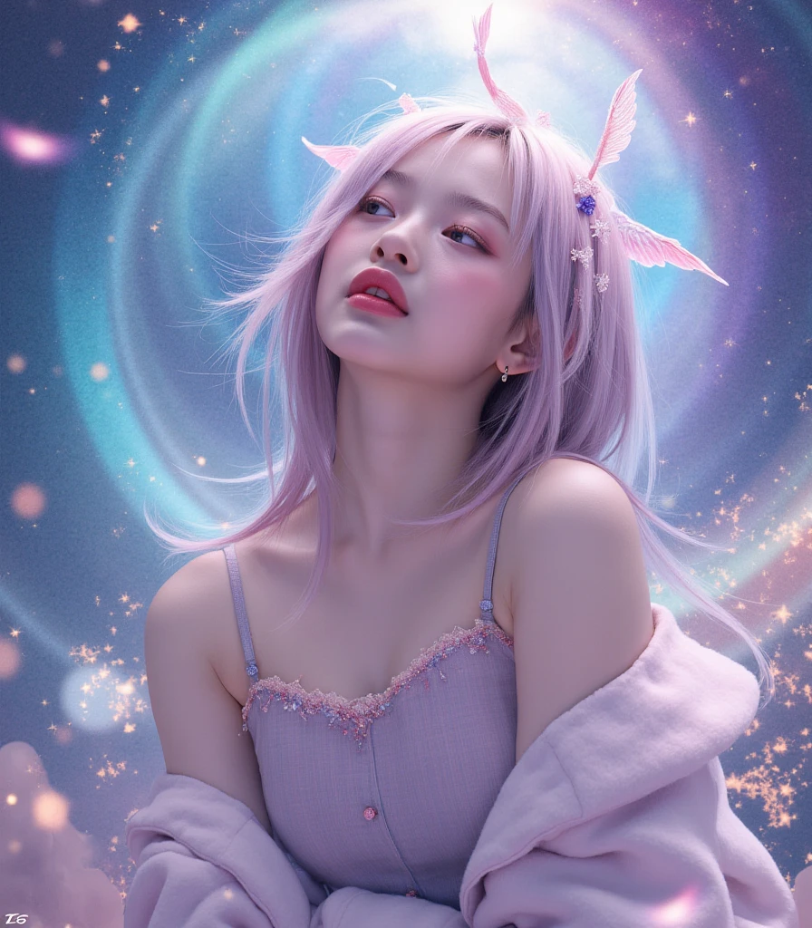 ((masterpiece,Highest quality)),(Negative Space:1.4),(One Girl, alone:1.4),Beautiful details,Pastel pink and lavender hair floating, Lavender eyes, At night, Starry Sky, Twinkle Star